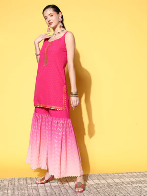 Women's Pink Ombre Printed Gotta Patti Sharara Set With Dupatta