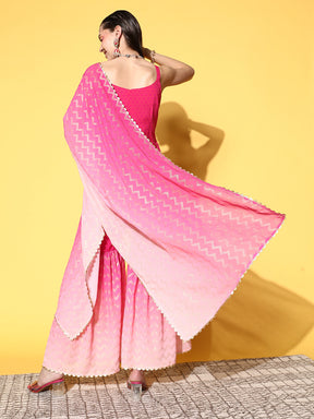 Women's Pink Ombre Printed Gotta Patti Sharara Set With Dupatta