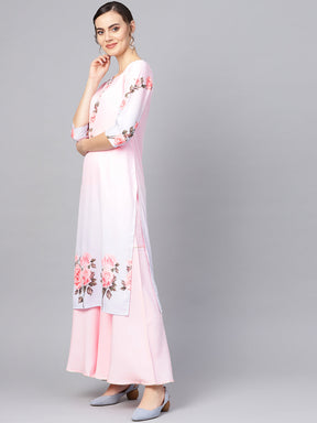 Women's Pastel Pink Floral Print Sharara Set With Dupatta