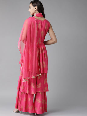 Women's Pink & Golden Foil Print Sharara Set With Dupatta