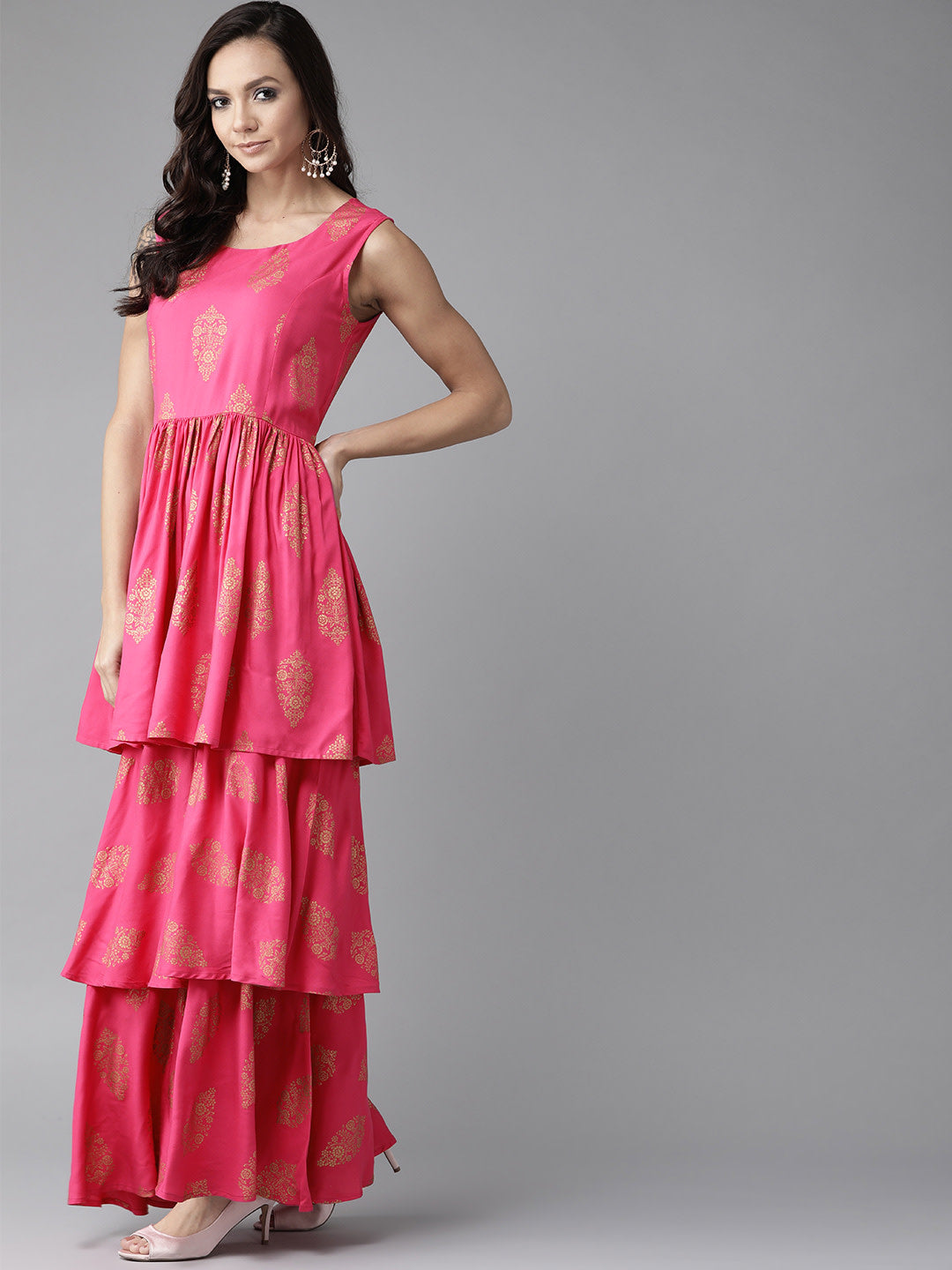 Women's Pink & Golden Foil Print Sharara Set With Dupatta