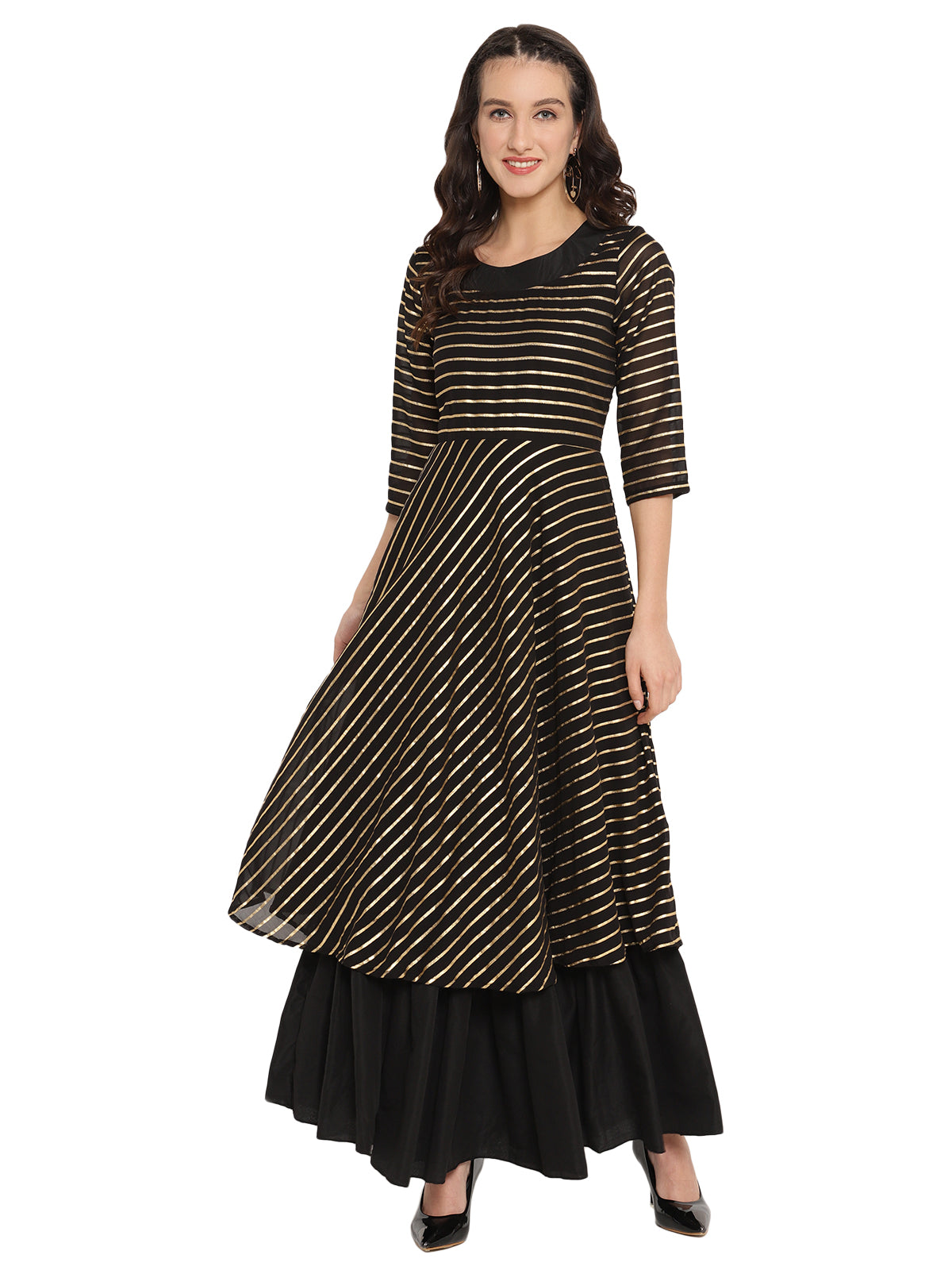 Black & Golden Striped Layered Maxi Dress