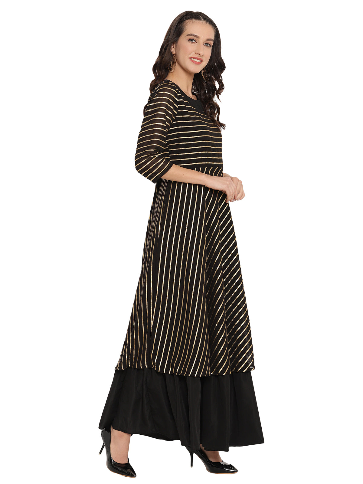 Black & Golden Striped Layered Maxi Dress
