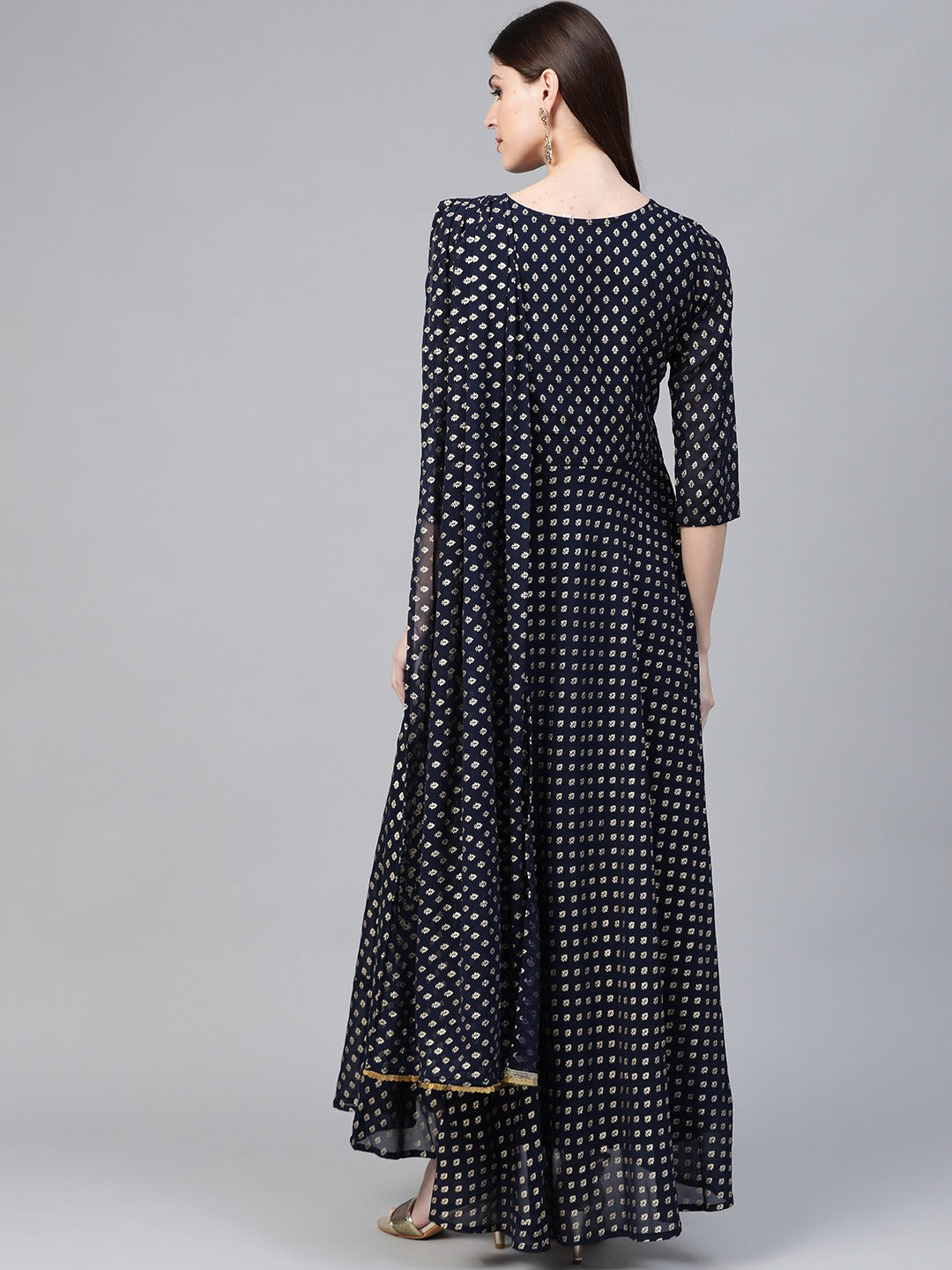 Women Navy Blue & Golden Foil Printed Maxi Dress With Attached Dupatta