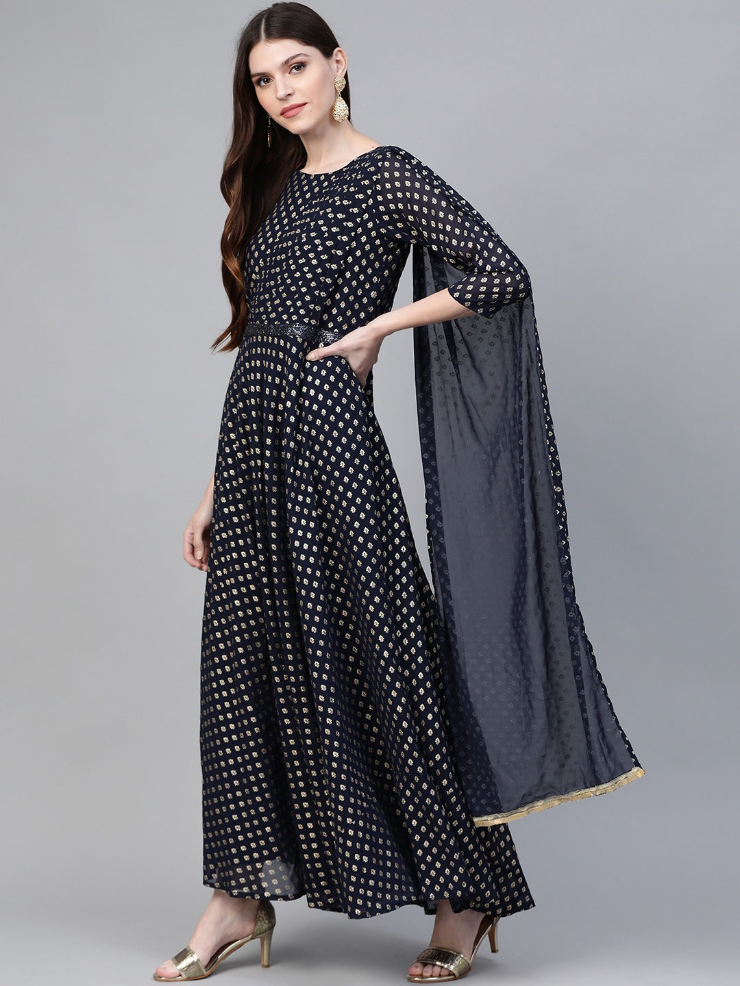 Navy Blue & Golden Foil Printed Maxi Dress With Attached Dupatta