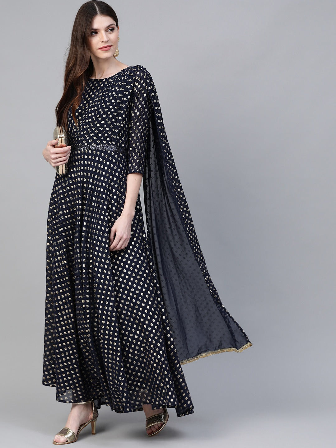 Navy Blue & Golden Foil Printed Maxi Dress With Attached Dupatta