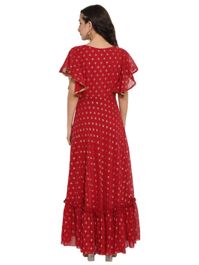 Maroon & Golden Printed Fit and Flare Maxi Dress