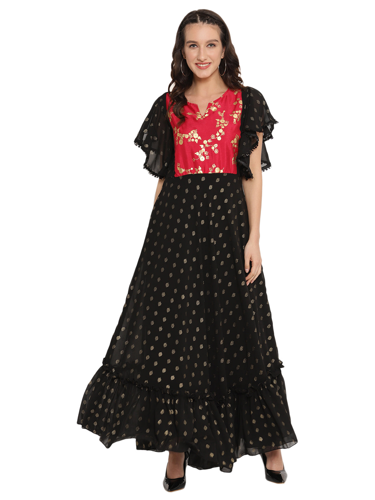 Black & Red Flared Ethnic Maxi Dress