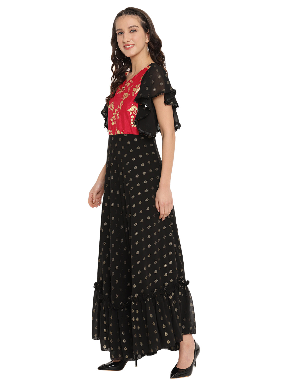 Black & Red Flared Ethnic Maxi Dress