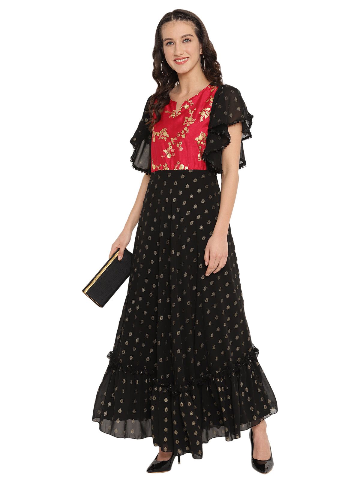 Black & Red Flared Ethnic Maxi Dress