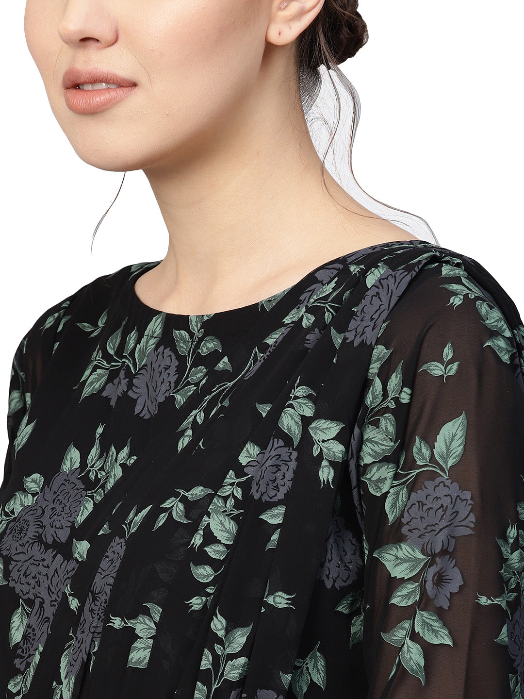 Black Floral Printed Flared Georgette Dress