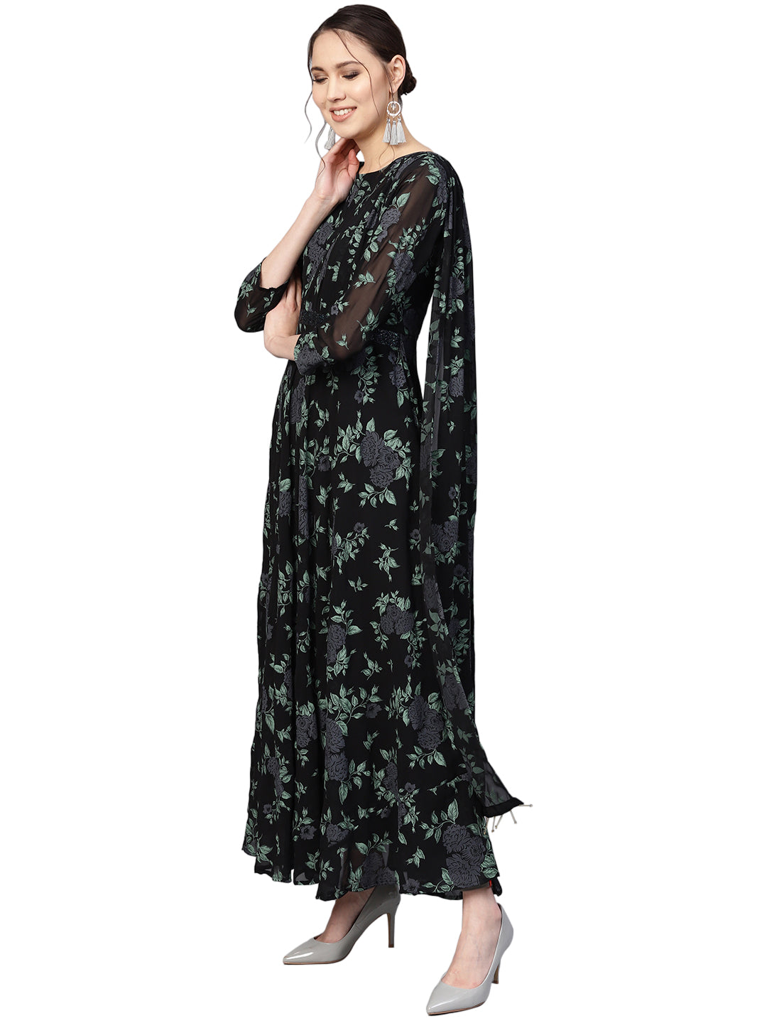 Black Floral Printed Flared Georgette Dress