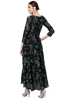 Black Floral Printed Flared Georgette Dress