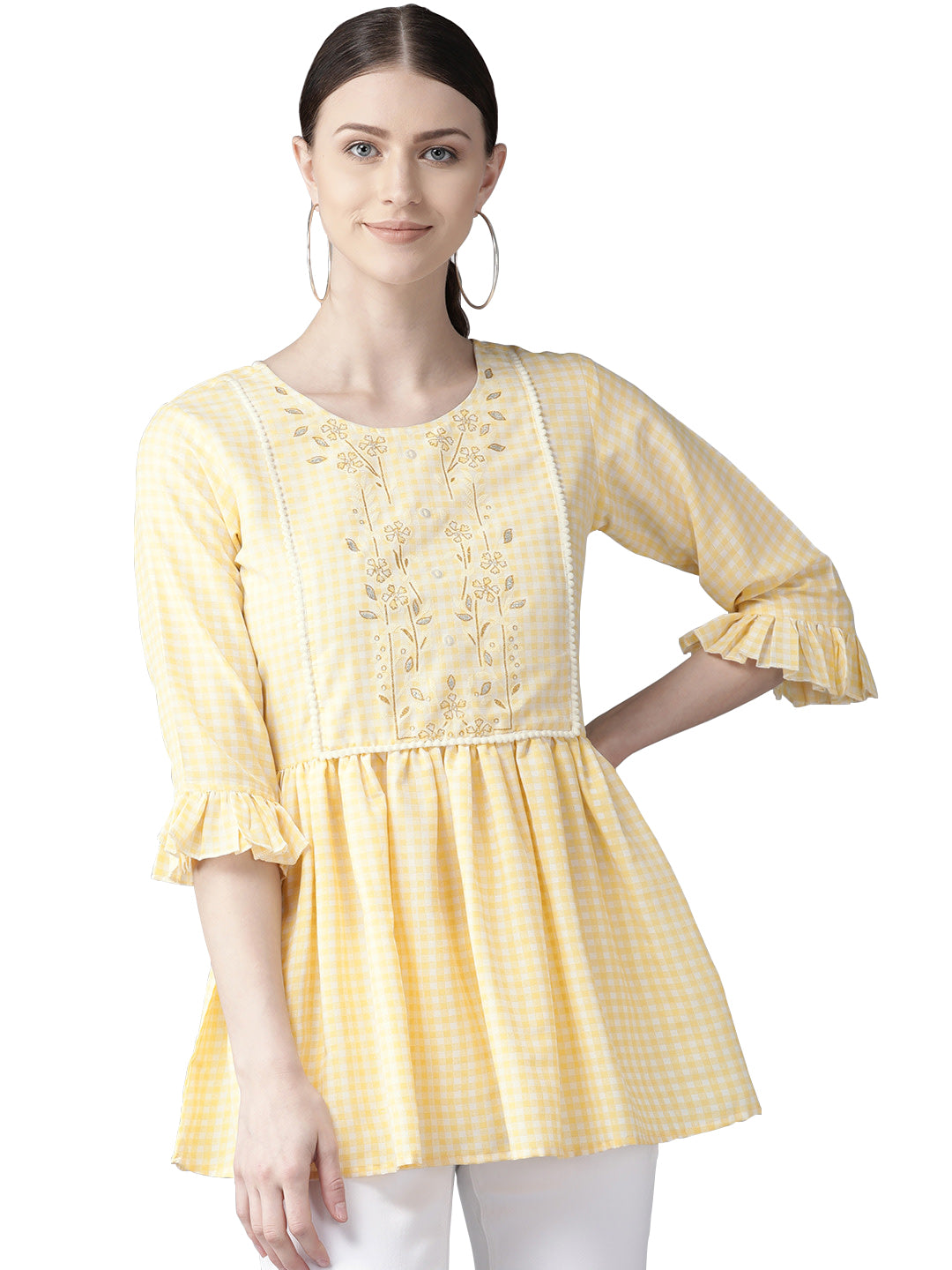 Yellow & White Checked A-Line Top