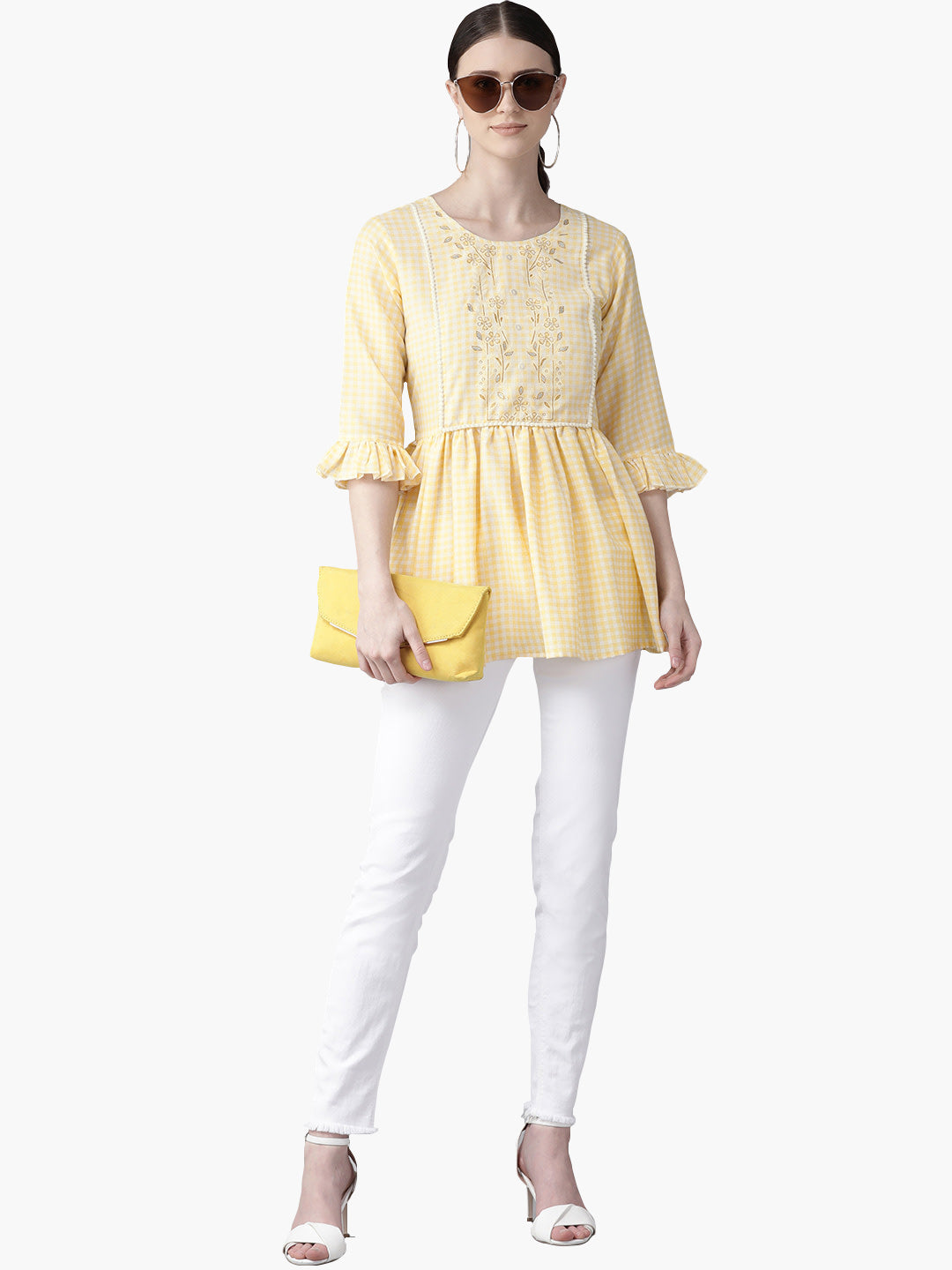 Women Yellow & White Checked A-Line Top