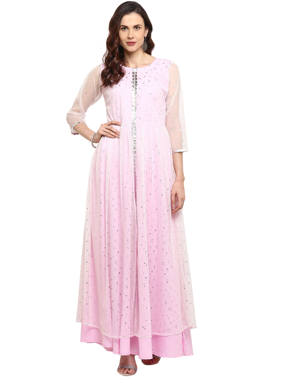 Ahalyaa Women's Stylist Double Layered Light Pink Indo western Kurta Dress