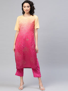 Pink & Golden Ombre Dyed Printed Kurta with Trousers