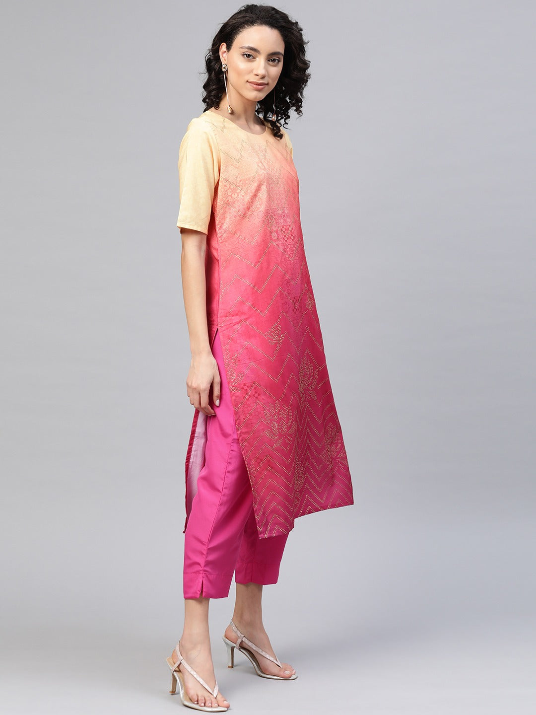 Pink & Golden Ombre Dyed Printed Kurta with Trousers