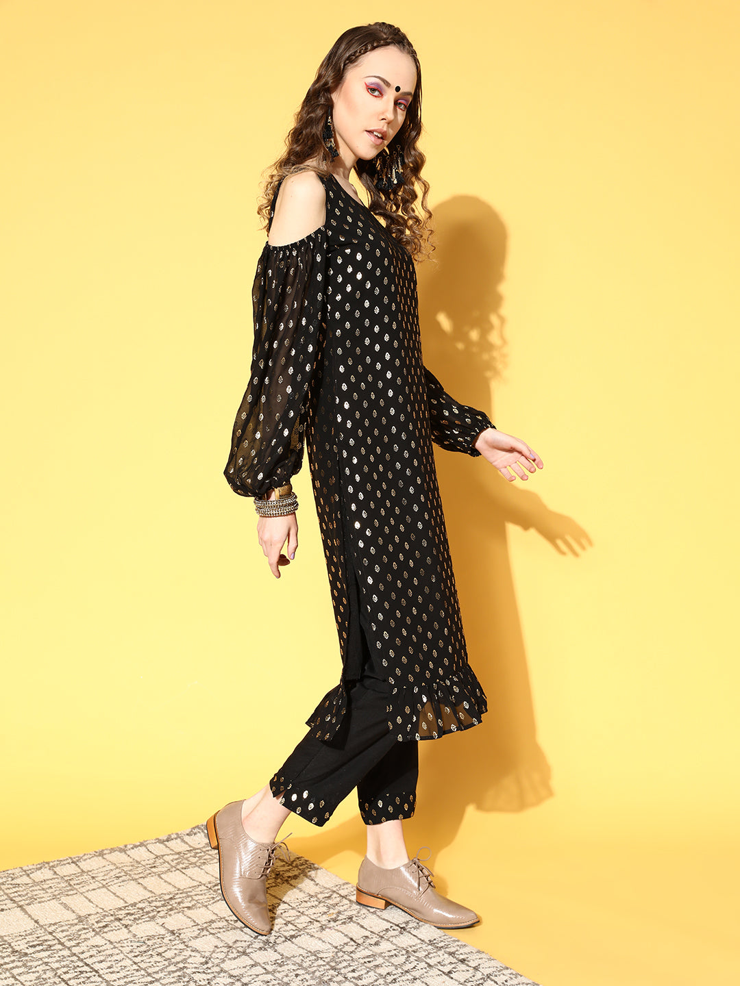 Black & Golden Printed Kurta with Trousers