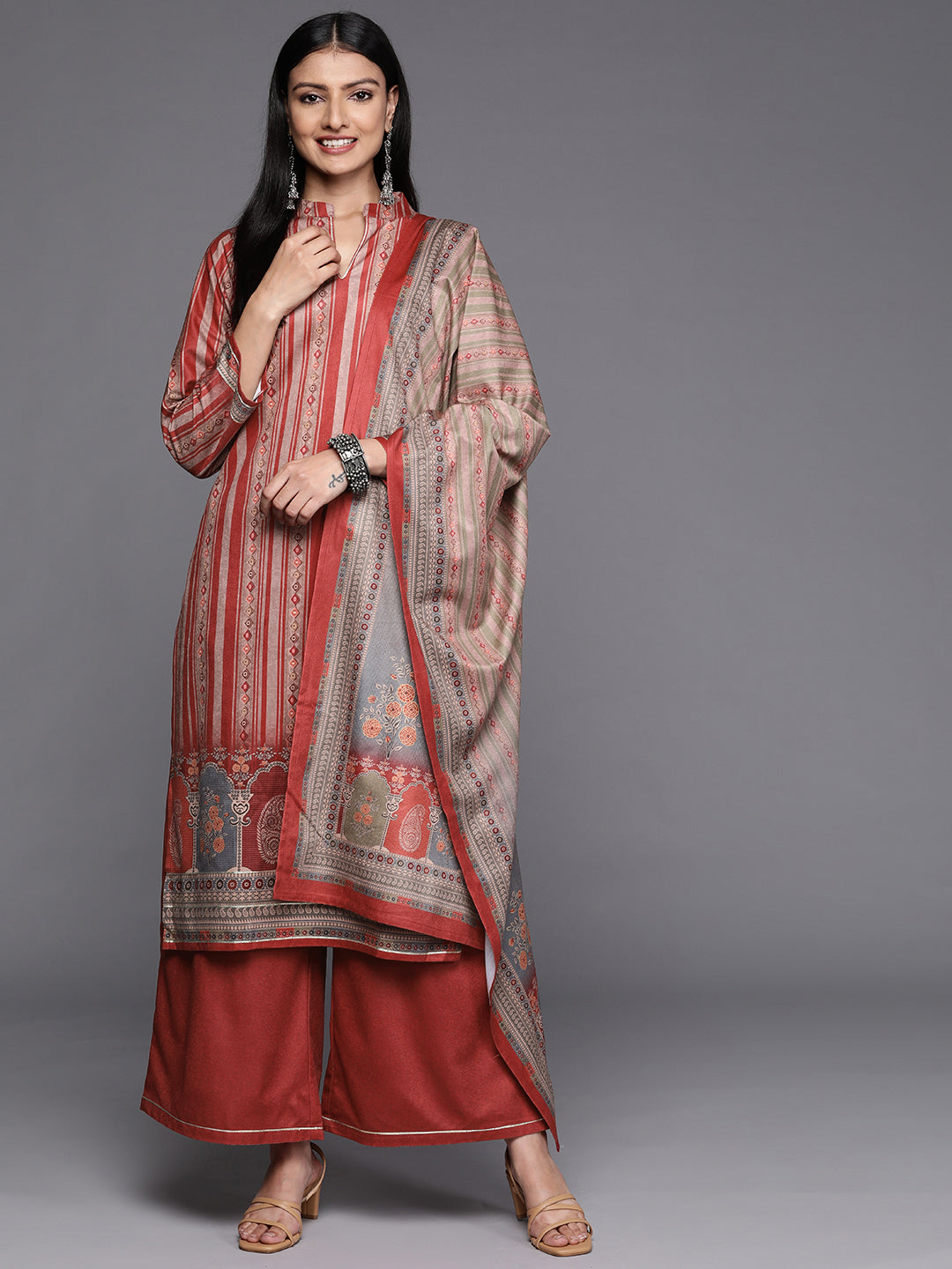 Ahalyaa Women Maroon Printed Gotta Patti Velvet Kurta with Palazzos & With Dupatta