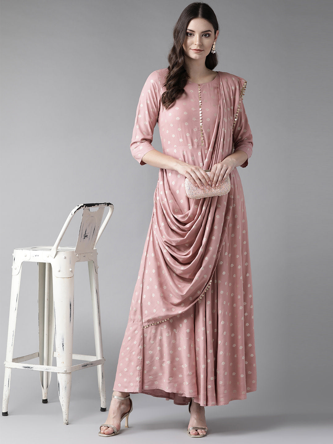 Pink & Golden Printed Maxi Dress With Attached Dupatta