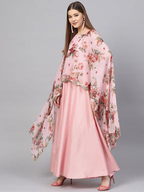 Pink Floral A Line Fusion Dresses