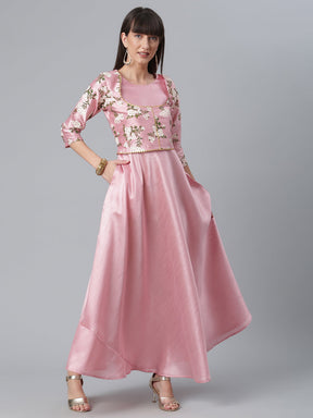 Pink Art Silk Solid Dress with Attached Floral Print Jacket