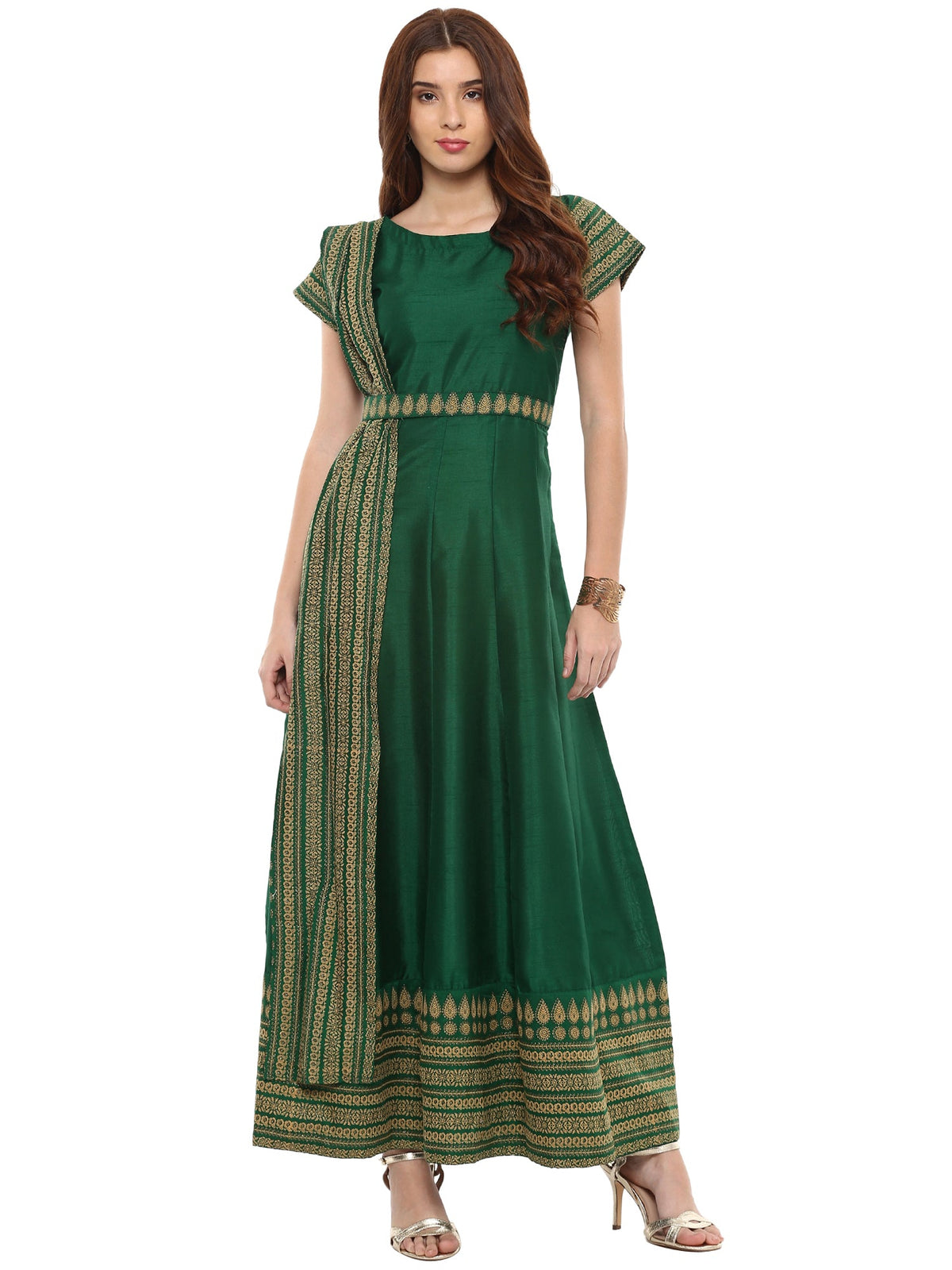 Printed Faux Silk Anarkali with Attached Dupatta