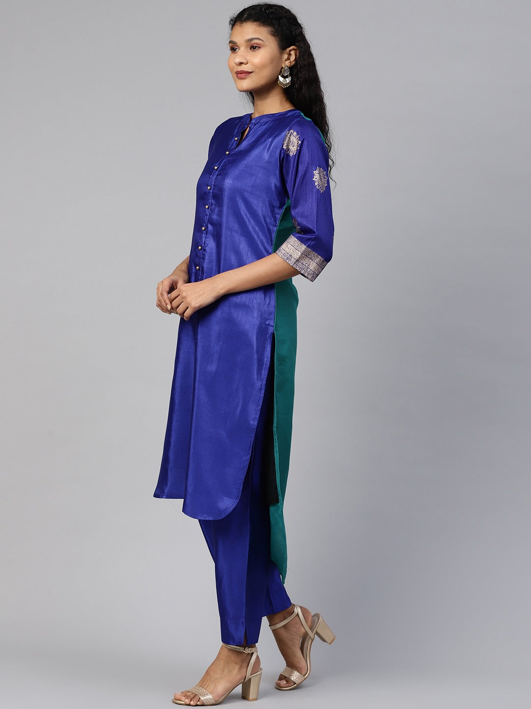 Blue & Green Solid High Low Kurta with Trousers