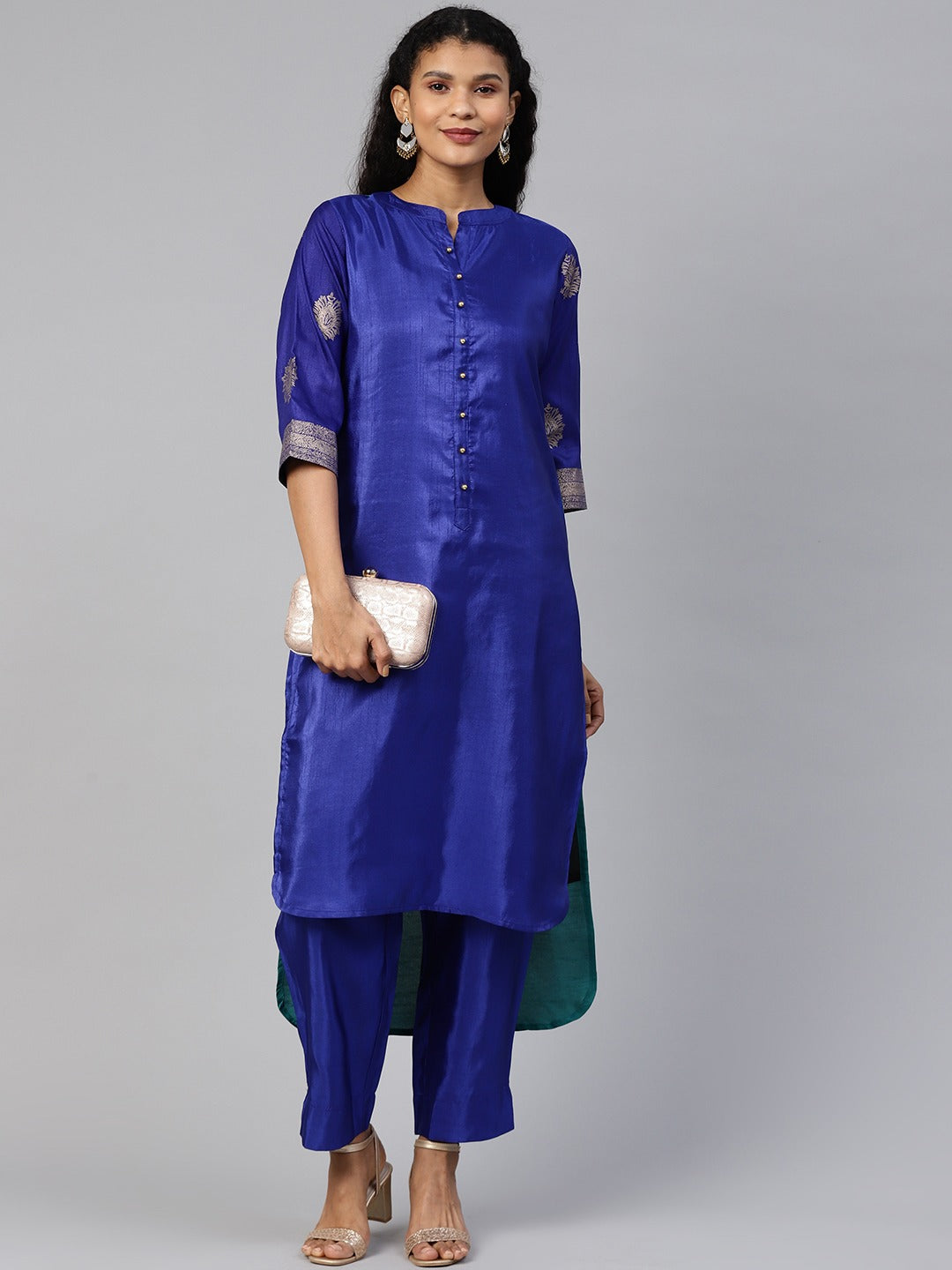 Blue & Green Solid High Low Kurta with Trousers