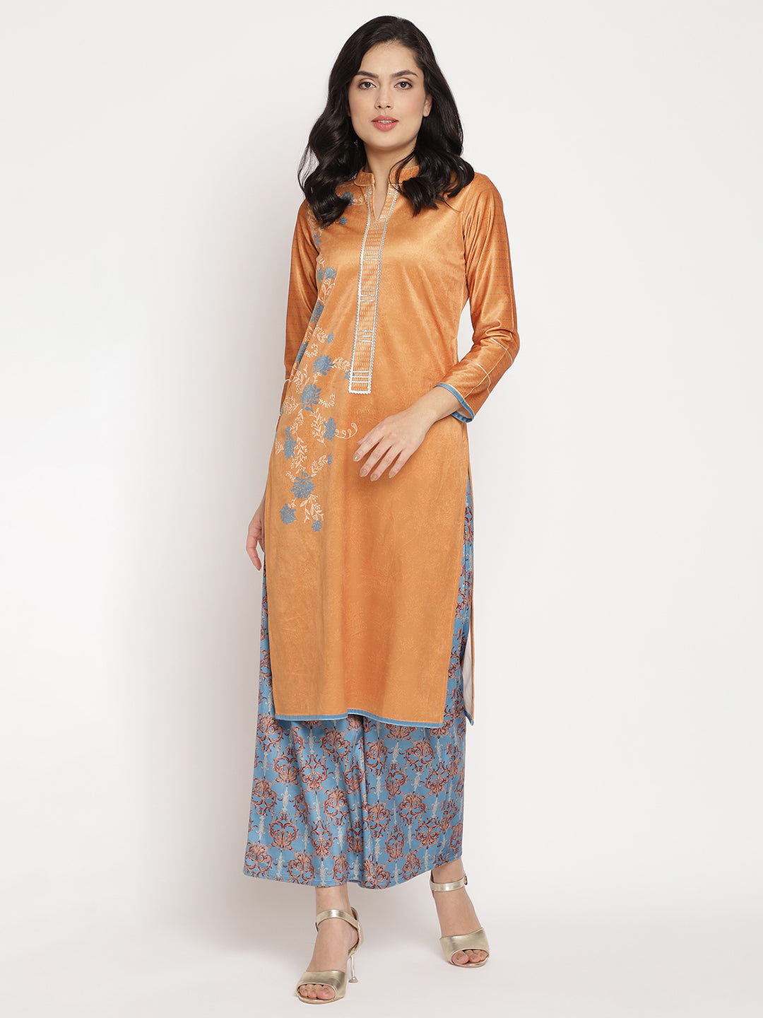 Orange Digital Print Velvet Kurta With Palazzo