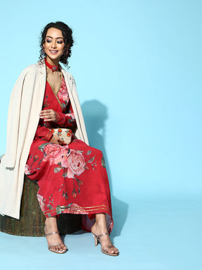 Ahalyaa Women Red Georgette Digital Floral Printed Kurta Palazzo Set