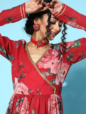 Ahalyaa Women Red Georgette Digital Floral Printed Kurta Palazzo Set