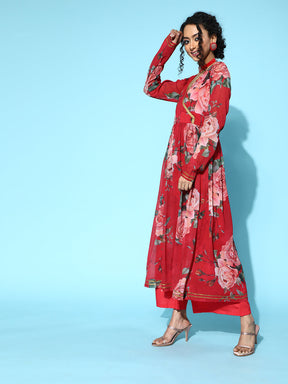 Ahalyaa Women Red Georgette Digital Floral Printed Kurta Palazzo Set