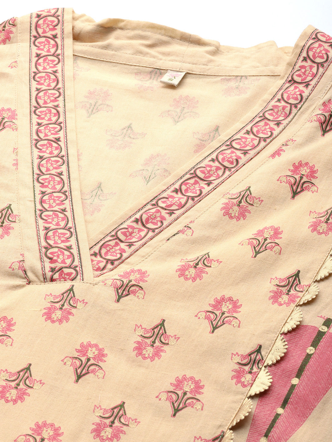 Cream & Pink Floral Print Pure Cotton Anarkali Kurta with Palazzos