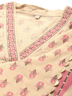 Cream & Pink Floral Print Pure Cotton Anarkali Kurta with Palazzos