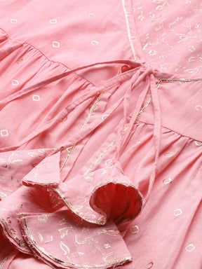 Pink & Gold Ethnic Printed Layered Front Slit Pure Cotton Anarkali Kurta Palazzos
