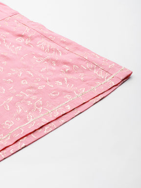 Pink & Gold Ethnic Printed Layered Front Slit Pure Cotton Anarkali Kurta Palazzos