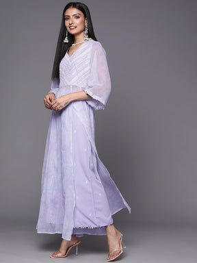 Ahalyaa Lavender & White Floral Printed High Slit Sequined Kurta with Palazzos