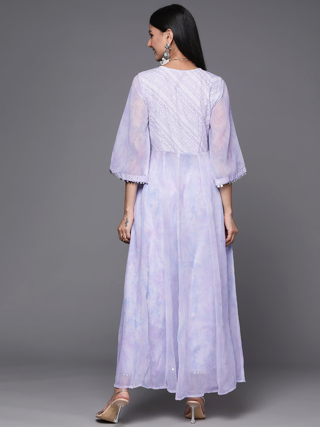 Lavender & White Floral Printed High Slit Sequined Kurta with Palazzos