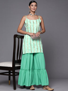 Women's Green & Gold Floral Printed & Striped Straight Sharara Set
