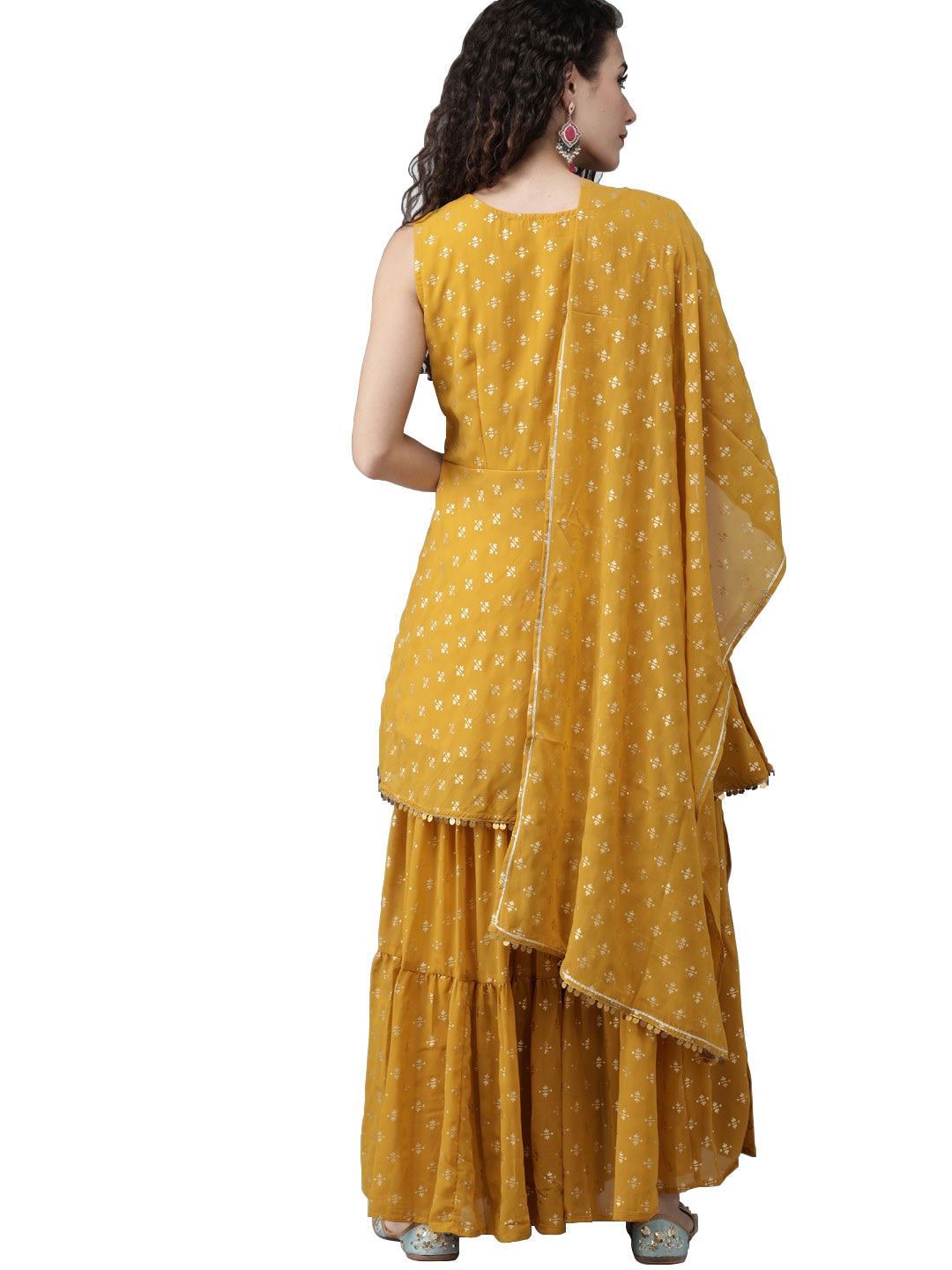 Women's Mustard & Gold-Toned Printed Sharara set With Dupatta