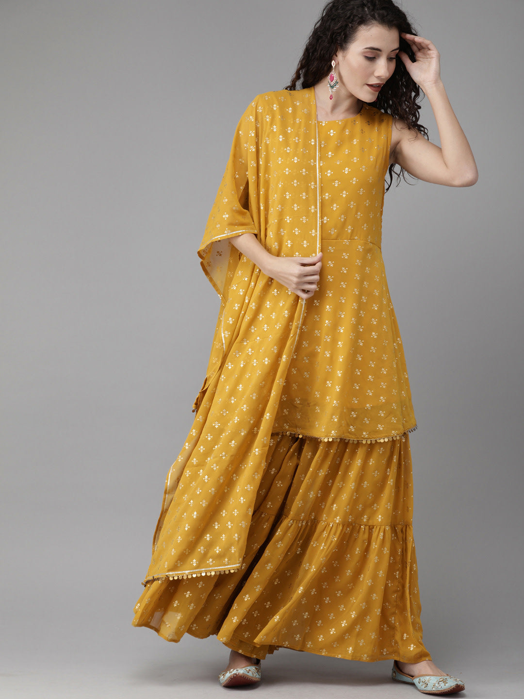 Women's Mustard & Gold-Toned Printed Sharara set With Dupatta