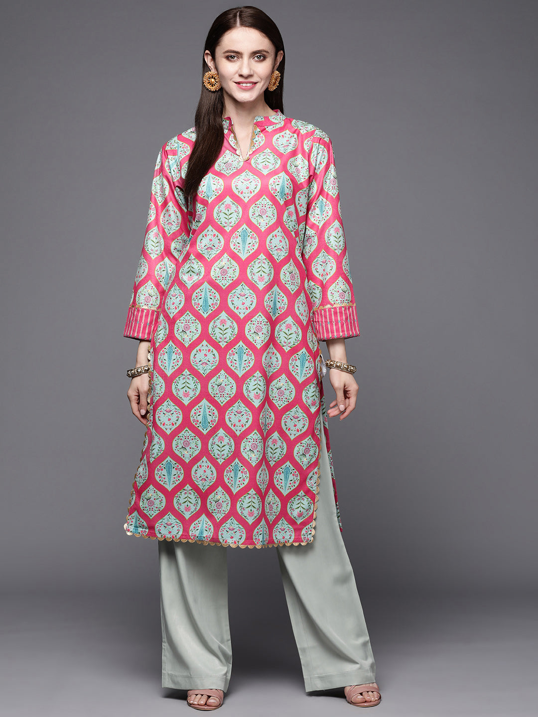 Pink & Sea Green Floral Printed Gotta Patti Velvet Kurta