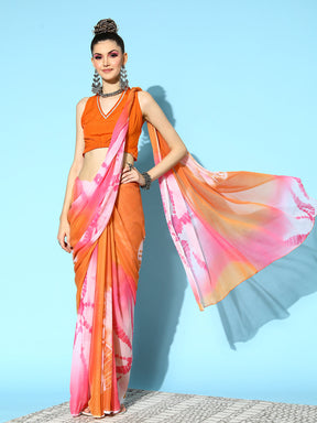 Orange & Pink Abstract Print Chiffon Saree