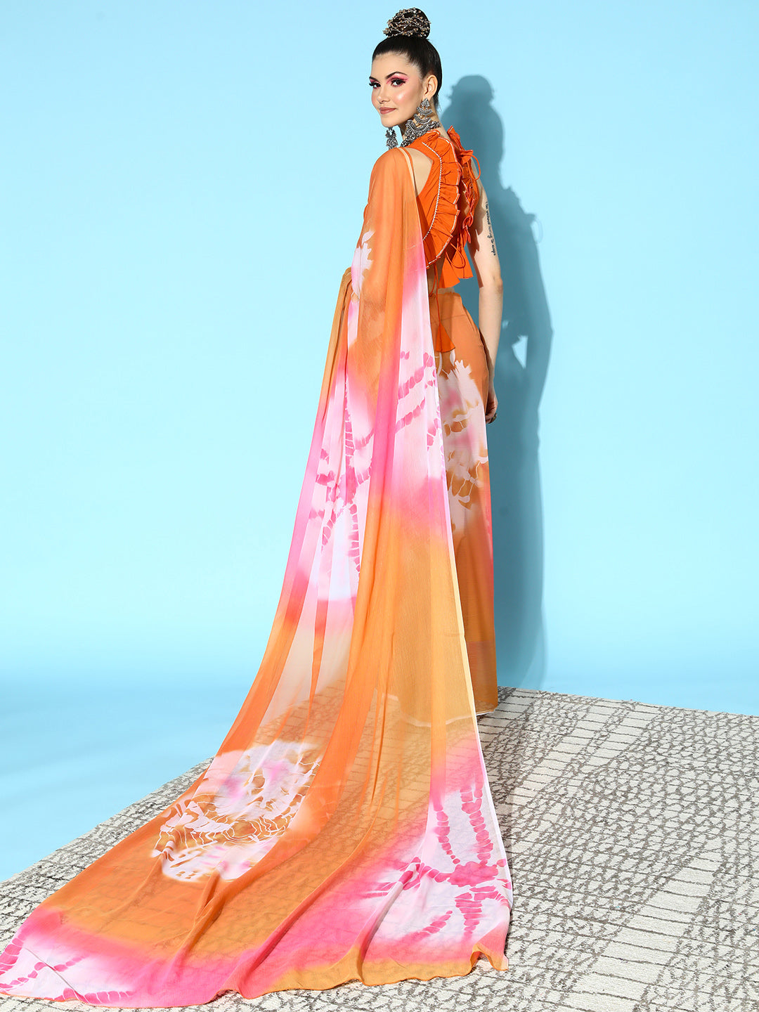 Orange & Pink Abstract Print Chiffon Saree