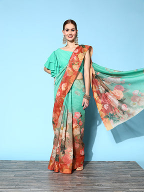 Green & Brown Floral Printed Saree
