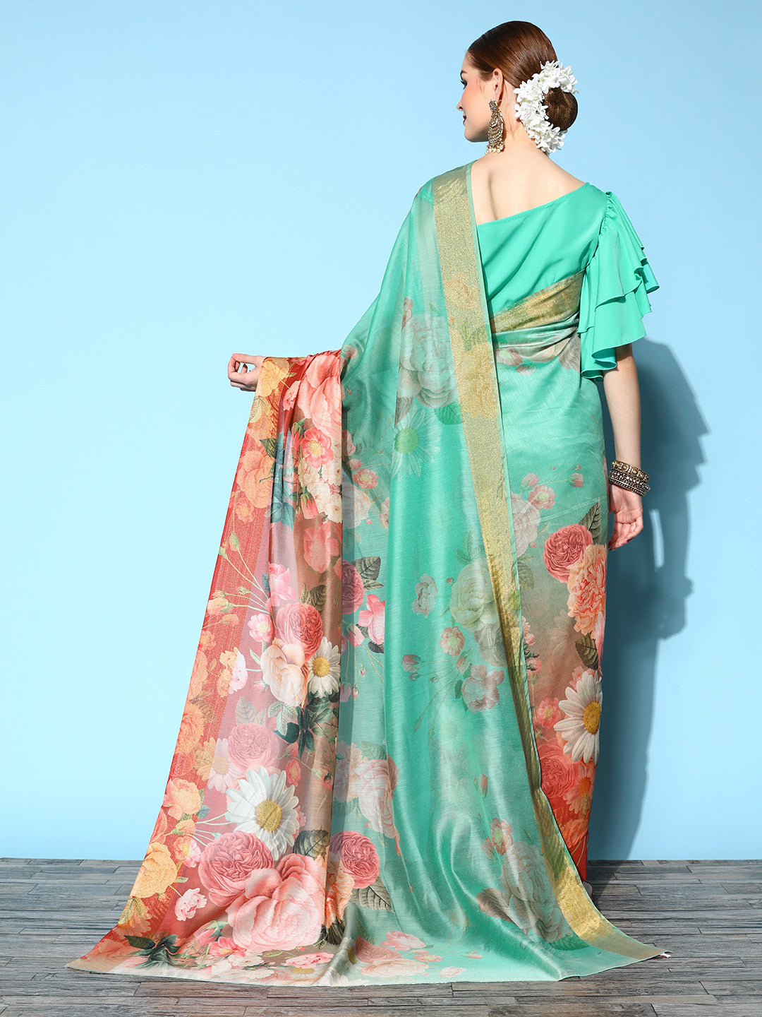 Green & Brown Floral Printed Saree