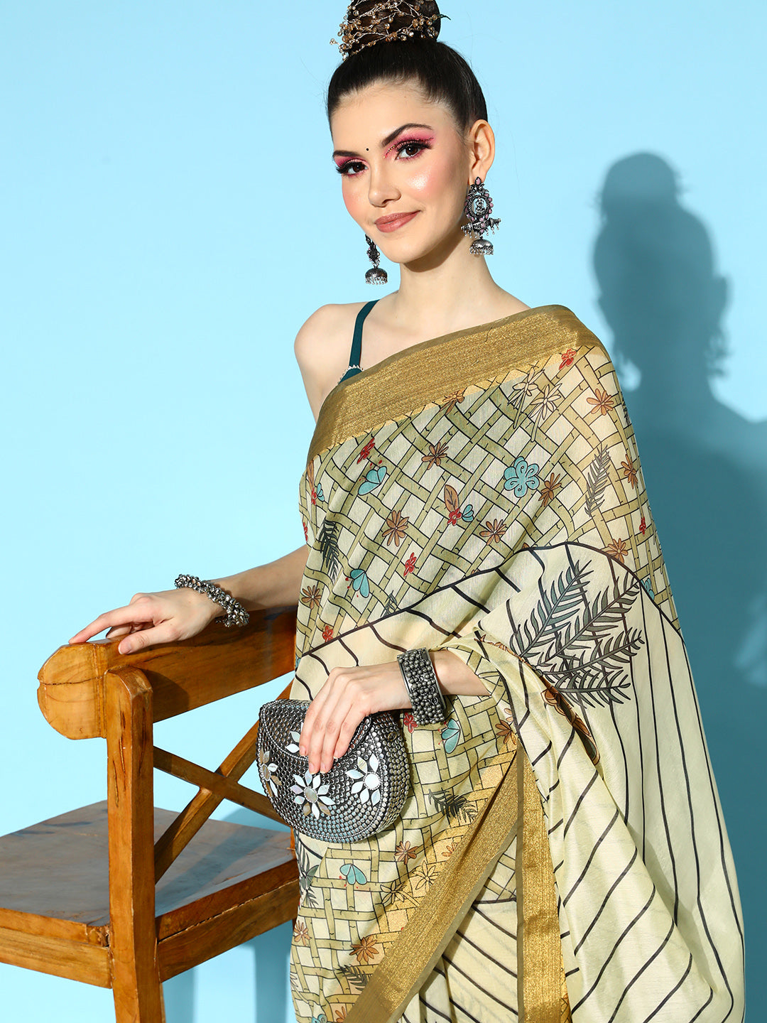 Olive Floral Printed Chanderi Saree with Solid border