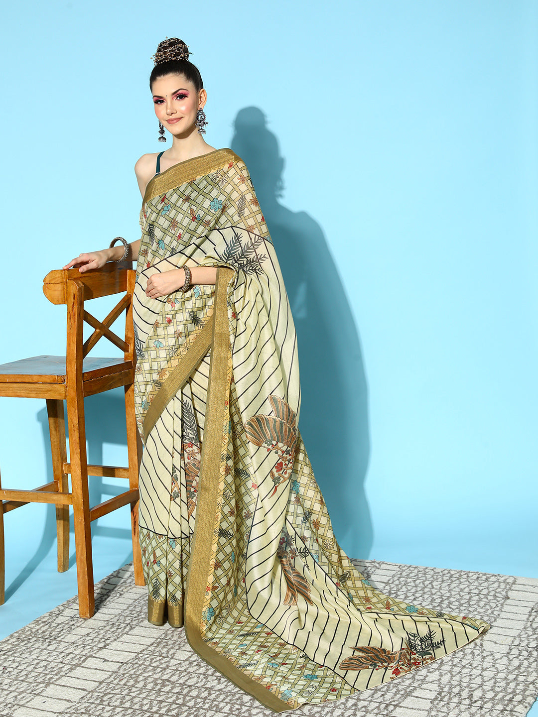 Olive Floral Printed Chanderi Saree with Solid border